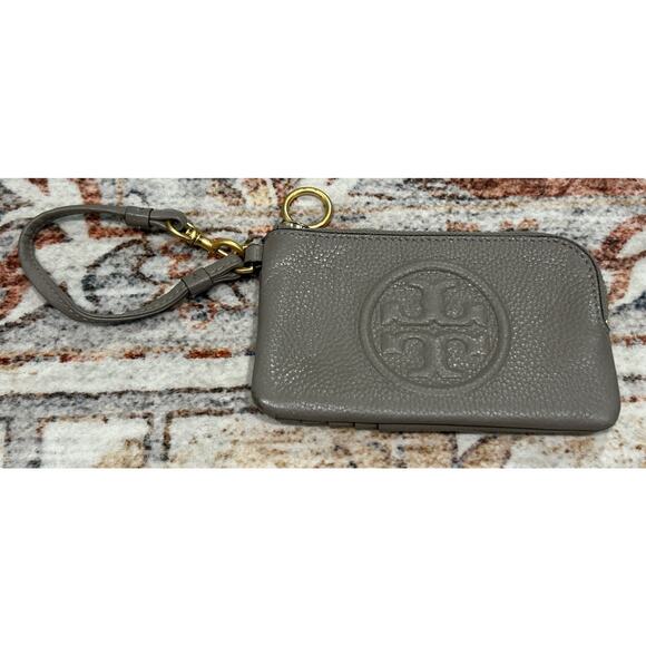 Tory Burch Logo Wristlet Taupe Pebbled Leather Wristlet Wallet EUC!! - Picture 1 of 4